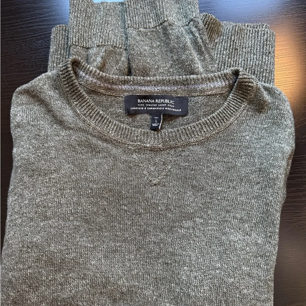 Banana Republic Italian Linen Sweater Mens L Tall Olive Green Lightweight Knit